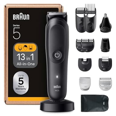 Braun Tondeuse Electrique Tout-En-Un Pour Hommes Series 5 AIO5565 Noir, etanche, Kit De Rasage 13-En-1 Avec Lame Ultra Affûtée, Coffret Avec 8 Sabots Pour Les Cheveux, La Barbe, Le Nez et Le Corps