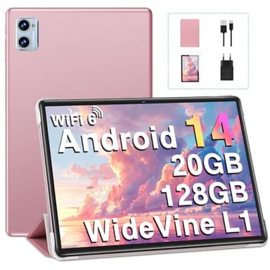 DEERTiME Tablette 10 Pouces, Android 14 Tablette Tactile avec 20Go RAM+128Go ROM(TF Extensible 2To), 8 Cœurs, WiFi 6, 5G+2.4G WiFi/WideVine L1/ BT5.0 / Tablette avec Assurance écran d'un an-Or Rose