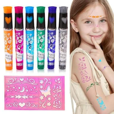 6pcs Stylos Tatouage, Paillettes Tatouage Kit, Stylos à Tatouage Paillette avec Pochoir, Temporaire StylosTatouage, Parfait pour Garçons et Filles, Anniversaire, Fête, Carnaval