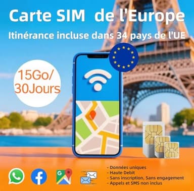 Carte SIM Data Prépayée Europe | Données Uniques | Utilisable dans 34 Pays EU | 15Go Pendant 30 Jours | Carte SIM Mobile sans Engagement | Carte SIM 4G 5G | SIM Data Prépayée