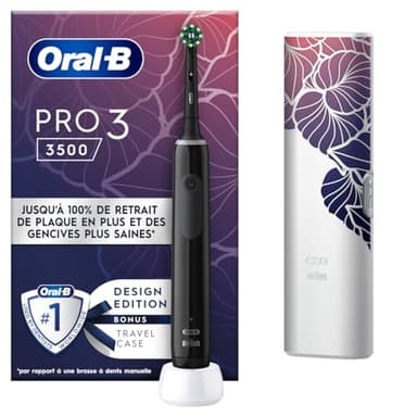 Oral-B Pro 3 3500 Brosse À Dents Électrique, Avec Capteur De Pression Pour Protéger Les Gencives, 3 Modes De Nettoyage, 1 Manche Noir, 1 Étui De Voyage, 1 Brossette Ronde De Rechange