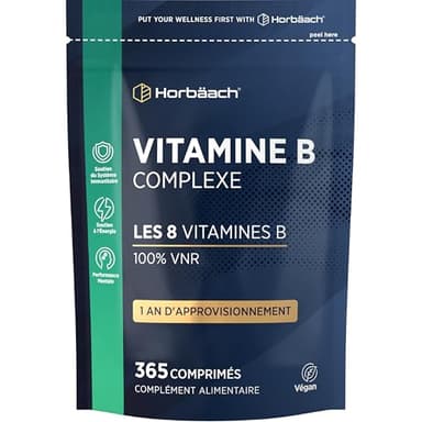 Vitamine B Complex | 365 Micro-Comprimés Vegan pour 1 An | Complexe de Vitamine B1, B2, B3, B6, B12 Acide Folique et Choline | Complément Alimentaire Défenses Immunitaires | Horbaach