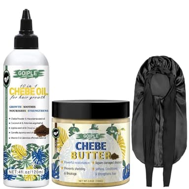 Huile Capillaire Chebe Naturelle pour la Pousse des Cheveux Huile de Chebe Hydratante pour le Cuir Chevelu, Poudre de Chebe Africaine pour la Pousse des Cheveux Plus Forts,Bonnet Tresse pour Dormir