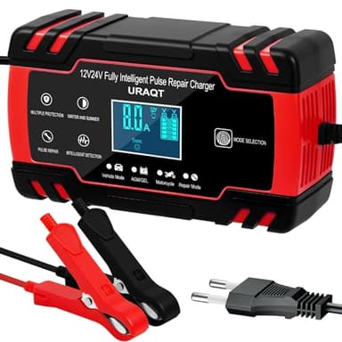 URAQT Chargeur de Batterie Voiture 8A 12V/24V, Mainteneur de Chargeur Batterie Voiture, Chargeur de Batterie Intelligent avec LCD Écran Protections Multiples de Réparation pour Camion/AGM/Gel/Wet/SLA