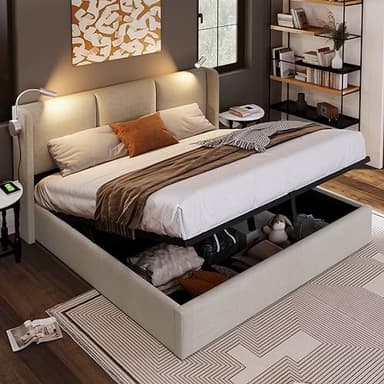 KeepGoon Lit capitonné 160 x 200 cm, Lit Double Espace de Rangement, Coffre de lit Lampe de Lecture avec Fonction de Charge, Cadre de lit pour Adolescent avec sommier