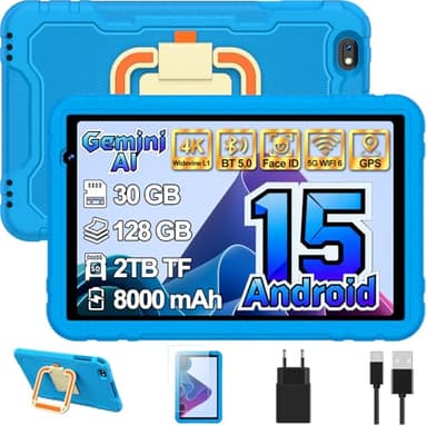 Android 15 Tablette 10 Pouces, 30Go RAM+128Go ROM(TF 2To), Octa-Core, Gemini Al Tablette Tactile, 8000mAh, Widevine L1, Contrôle Parental, EVA Étui de Protection Antichoc, 360° Rotatif Support (Bleu）