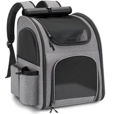 Sac à Dos Chat Chien, Charge Maximale 10kg Sac Transport Chat Chien, Sac a Dos pour Chiens Chat avec Fenêtre en Maille, Spacieux Sac Voyage Chiens Chat Laisse et Tapis Intégrés - Gris