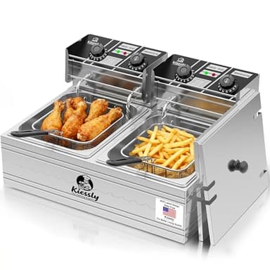 Friteuse 20L Electrique INOX, Friteuse Commerciale 3500 W avec paniers et couvercles, double cuve, avec contrôle de la durée et de la température (Friseur double 20L)