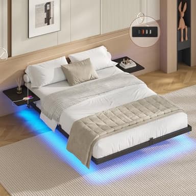 AOGLLATI Lit 2 Personnes avec 2 Étagères de Chevet,Cadre de Lit 140 x 190 avec Sommier Métal,Multiprise et Éclairage LED, 24 CM de Rangement pour Chambre, Noir
