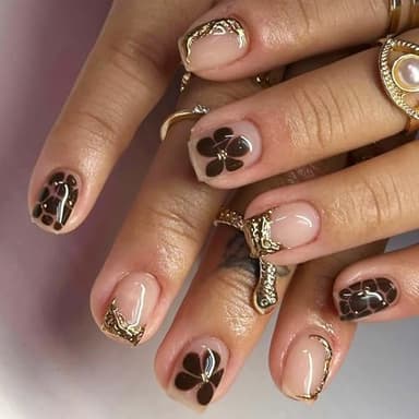Xanthelle Press On Nails, 24 pièces ongles courts carrés pointe française dorée, faux ongles extra courts avec design floral et léopard 3D, ongles pressés d'été pour femmes