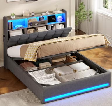 AOGLLATI Lit Coffre 140x190, Lit 140x190 avec Sommier à Lattes en Bois Capitonné avec Multiprise et Ruban LED, 5 Compartiments et Rangement sous Sommier, sans Matelas, Lin Gris Foncé