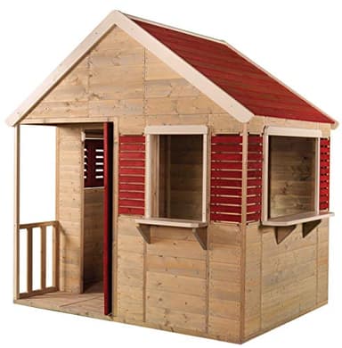 Wendi Toys M12R Summer Villa, Enfants Maisons en Bois Summer Villa pour l'extérieur, Cabane de Jardin Maison de Jeux avec Porte Pleine, fenêtre, Rideaux, Porche, étagère de Jouet, Volets, Rouge