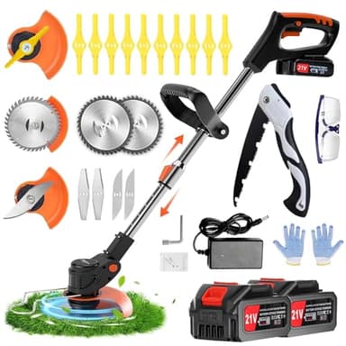 Débroussailleuse Electrique sans Fil 21V 2.0Ah ， Coupe Bordure avec 2 Batterie et3 Types De Lames,Debrouissalleuses Batterie/Coupe Bordure sans Fil avec Batterie Convient pour tondre Les Jardins