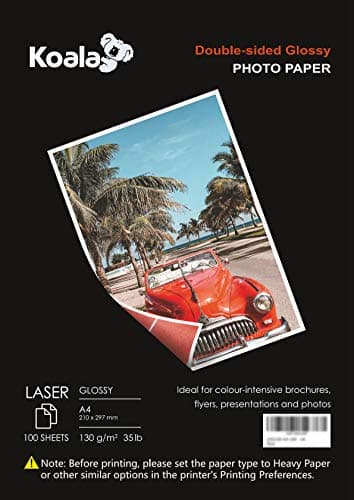 KOALA Papier Photo Double Face Brillant pour imprimante LASER, A4, 130 g/m², 100 feuilles. Convient pour l'impression de Photos, Brochures, Certificats, Livrets, Flyers, Dépliants, Calendriers, Cartes