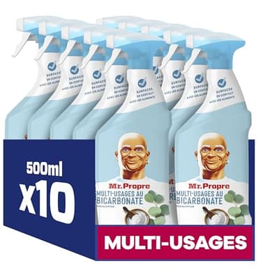 Mr. Propre Spray Nettoyant Multi-Usages, Grand Format (500ml x10), Parfum Eucalyptus avec Bicarbonate de Soude, Élimine 99.9% des Tâches Tenaces, Convient aux Surfaces Alimentaires