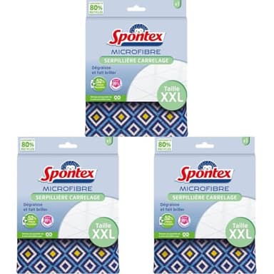SPONTEX - Serpillère Spécial Carrelage XXL - 100% microfibre - Dégraisse juste avec de l'eau - Elimine 99% des bactéries - Motifs originaux - Taille XXL (Lot de 3)