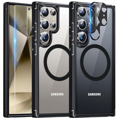 TAURI 5 en 1 Coque Magnétique pour Samsung Galaxy S24 Ultra,2 Protecteurs d'écran + 2 Caméra Arrière Protecteur [Compatible avec MagSafe ] -Coque Mince 6,8 Pouces-Noir