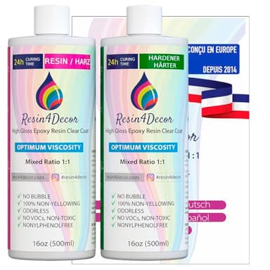 Resine Epoxy Ultra Transparente RESIN4DECOR 1:1 - Parfaite pour l’artisanat et l'art Fabrication de bijoux et de moules - Non jaunissant et non toxique - Durcissement en 12-24h - Inodore - 1000ml