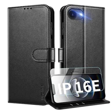 UITUIM Coque pour iPhone 16e Coque Etui Portefeuille Cuir avec Verre Trempé Protection Écran Porte Carte Rabat Clapet Flip Case Étui Cover Housse Etui Coque pour iPhone 16e,Noir