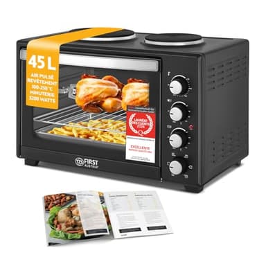 TZS First Austria - Mini-Four avec plaques de cuisson 45L 3200 W - Four à pizza jusqu'à 230°C & revêtement antiadhésif - Multifonction avec 4 hauteurs d'insertion & accessoires de haute qualité