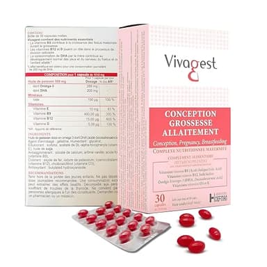 Vivagest – Complément Triple Action Fertilité, préconception, grossesse, allaitement - Omégas-3, DHA, Vit. B9+B12, Iode, Vit. D3, E - 30 Capsules (1)