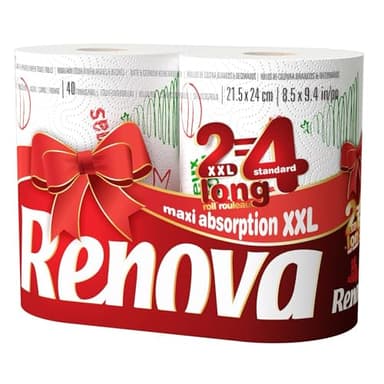 Renova XXL 2 Rolls | 2 Rolls XXL= 4 Standard | 2 Ply blanc - modèles aléatoire (L'emballage de l'article peut varier)