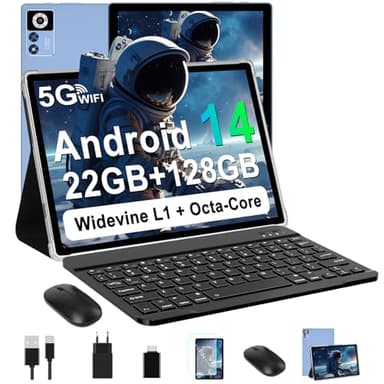 ZIOVO Tablette 10 Pouces Android 14 Tablette, 22GoRAM+128Go ROM (1To TF),Widevine L1|8000mAh| Octa-Core|2.0GHz| 5G WiFi| BT 5.0| 5+8MP, 2 en 1 Tablette Tactile avec Clavier et Souris-Bleu