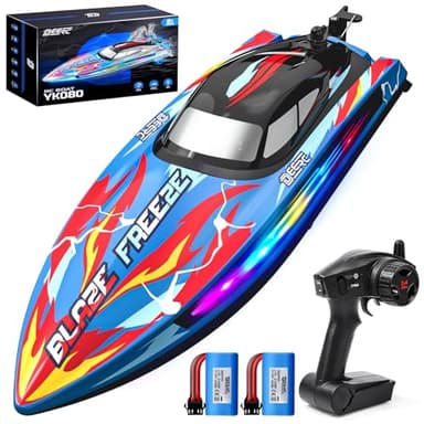 DEERC Bateau télécommandé Rapide pour Piscine et lac avec éclairage LED, 20+MPH, 40+ Mins, Bateau de Course télécommandé à redressement Automatique pour Enfants, Jouet Aquatique d'été 2,4 GHz