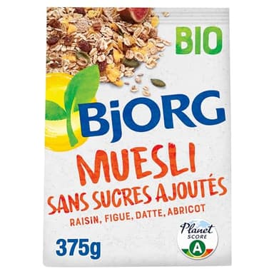 BJORG - Muesli Bio Sans Sucres Ajoutés - Raisin, Figue, Datte, Abricot - Aux Céréales Complètes - Sachet 375 g