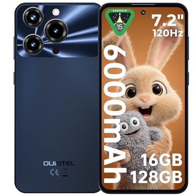 OUKITEL C69 Telephone Portable - 7.2" 120Hz 16GO RAM+128GO ROM/TF 1TO 6000mAh 64MP+8MP Smartphone Pas Cher Android 15, Smartphone Empreinte Digitale/Face ID/OTG/GPS,Noir