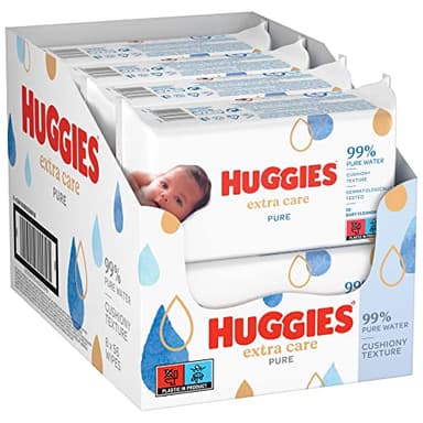 Huggies lingettes bébé Extra Care Sensitive, 8 paquets de 56 lingettes (448 lingettes), épaisses, prend soin de la peau de bébé, douceur, fibres absorbantes naturelles, 99% eau pure, sans parfum