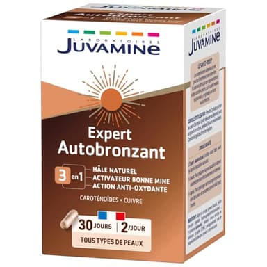 JUVAMINE Expert Autobronzant 3 en 1, Bonne Mine, Action Anti, Oxydante, Hâle naturel, Caroténoïdes, Avant et Après une Exposition au Soleil, Programme de 30 jours, 60 gélules, Fabriqué en France