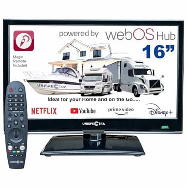 Unispectra ® 16” Smart TV (webOS) 12v Full HD 230v 24v TV TNT et Tuner Sat, HDMI,USB, télécommande Magique Téléviseurs 12V pour Camping-Cars, caravanes, camions, fourgonnettes, Bateaux
