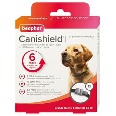 BEAPHAR - CANISHIELD 1,04 g – 1 collier médicamenteux antiparasitaire pour grands chiens – Substance active : Deltaméthrine - Agit contre les tiques, les puces et les phlébotomes – 65 cm