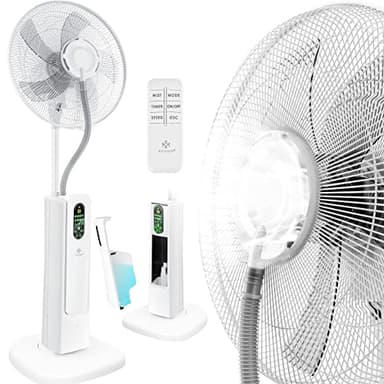 KESSER® Ventilateur sur pied Frosty à eau Refroidissement par eau à pulvérisation d'ultrasons, télécommande incluse, fonction minuterie, humidificateur silencieux, fonction brumisation, blanche