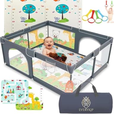 EveryKip® Parc Bebe 120x120CM | Enfant Modulable Avec Tapis | Barriere Bébé de Jeux | Tapis Et Anneaux Inclus (Gris)