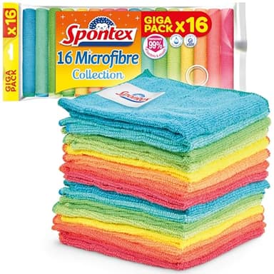 Spontex Chiffons de nettoyage microfibre | 16 chiffons de nettoyage collection microfibre | Chiffons à poussière et de cuisine | 30 x 30 cm | Couleurs assorties | 16 unités