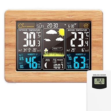 AOZBZ Station météo numérique sans Fil avec capteur extérieur – avec Heure, Date, température, humidité, baromètre, Alarme, Affichage des Phases de Lune, thermomètre Multifonction (Noir)…