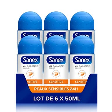 SANEX - Déodorant Sanex Dermo Sensitive pH Balance - Anti-Transpirant Efficacité 24 h - Flacon-Bille - Les 6 X 50 ml