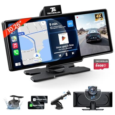 TECXERLLON Carplay sans Fil, 10.26'' Écran Carplay Voiture pour Carplay et Android Auto avec Dash Avant 4K, arrière 1080p, écran Tactile avec GPS, Contrôle Vocal Google/Siri, Bluetooth, Mirror, 64G