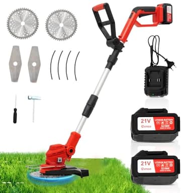 Debroussailleuse Electrique sans Fil Pliable, Débroussailleuse à Gazon sans balais avec 2 Batteries 4000mAh 21V, Débroussailleuse à Gazon Portable d'extérieur pour Couper l'herbe