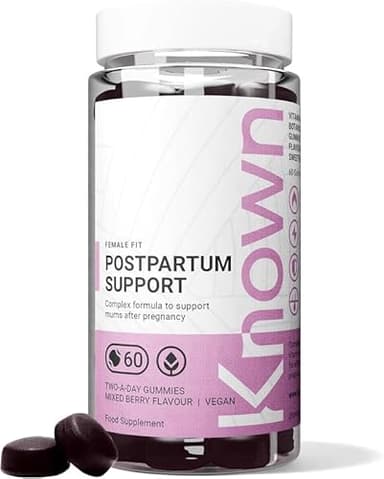 Known Soutien Post-Partum Gummies – Saveur Fruits Rouges – Complément Gommes Végan Multivitamines avec Fer, Biotine, Choline & Vitamines – Récupération Post-Grossesse & Énergie – Cure 1 Mois