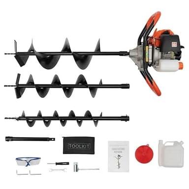 Tarière à essence 52 cc 2 temps, 1460 W, avec embouts de 4", 6", 8", réservoir de carburant de 1,2 l, poteaux de clôture, tarière, pelleteuse, portable