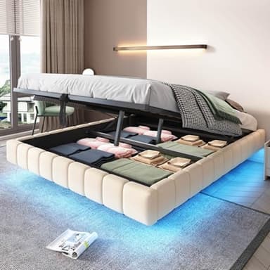 EURHCIO Lit Coffre 160x200cm Rembourré sans Tête,Cadre de Lit 2 Personnes avec Effet Flottant,éclairage LED,Rangement Hydraulique,pour Adulte Adolescents(Beige, 160x200)