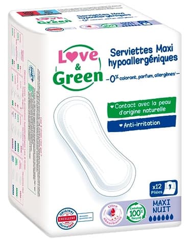 Love & Green Serviettes hygiéniques, écologiques et hypoallergéniques - certifiées Ecolabel et Dermatest - "MAXI NUIT" x 12 : Sans colorant, parfum, allergènes (Lot de 2x12)