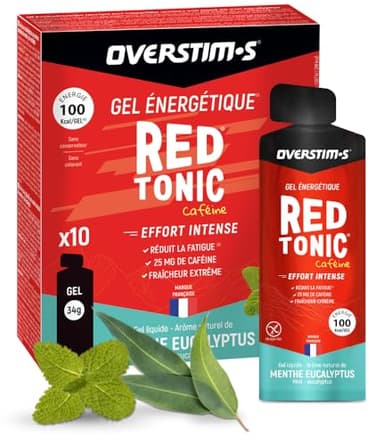 Overstim.s - Gel Red Tonic (10 sachets) - Gel énergétique pour le sport (vélo, course à pied...) - Energie instantanée - Caféine - Réduction de la fatigue - 100 kcal/gel - Saveur Menthe Eucalyptus