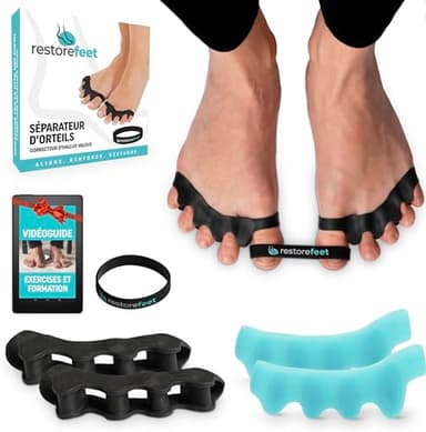 Correcteur Hallux Valgus & Séparateur Orteil – 2 Paires + Bande Anti-Juanettes – Écarteur Orteil Silicone Sans BPA – Alignement Orteils Croisés – Taille Unique Unisexe