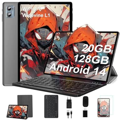 Tablette 2025 Nouvelle 10 Pouces Android 14 avec 20Go RAM 128Go ROM WiFi 6, 5G+2.4G WiFi, Octa-Core, GMS Certified, Widevine L1, Bluetooth 5.0, Tablette Tactile avec Clavier| Souris| Etui -Gris