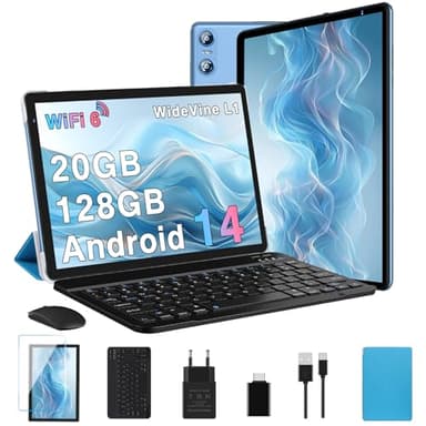 Biegedy Tablette 10 Pouces Android 14 Tablettes 20Go RAM + 128Go ROM(TF Extensible 2To), Octa-Core, GMS Tablette Tactile, Widevine L1, WiFi 6, 5G+2.4G Wi-FI, Tablettes avec Clavier+Souris et Cas-Bleu