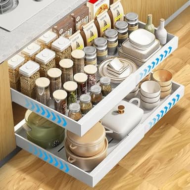 EOJDDPA Lot de 2 tiroirs extensibles télescopiques pour armoires de cuisine, largeur réglable de 31,5 à 52 cm, pas de perçage nécessaire, avec système de rails pour armoires de cuisine (blanc)